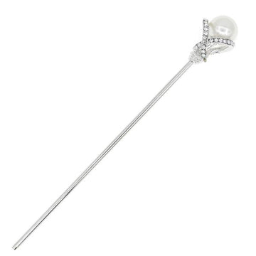Silver Finish Rhinestone Hair Stick with Large Pearl